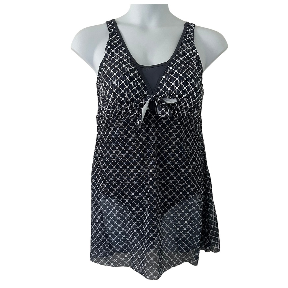 Women Navy White One-Piece Geometric Mesh Modest Swimsuit Swim Dress XL NWOT